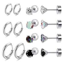 7對時尚金色和銀色不銹鋼耳環套裝,適合男女日常佩戴,經典銀色耳環、立體方形耳環、環型耳飾、花式軟骨耳環曲線、情侶禮物、女性禮物、朋友禮物、女友禮物 - 銀色耳環耳環套裝(黑色石頭) - 查看 11