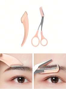 1入組不銹鋼眉毛修剪器,男女通用美容工具,用於去除毛髮和修形 - 粉紅色剪刀+粉紅色彎刀 - 查看 2