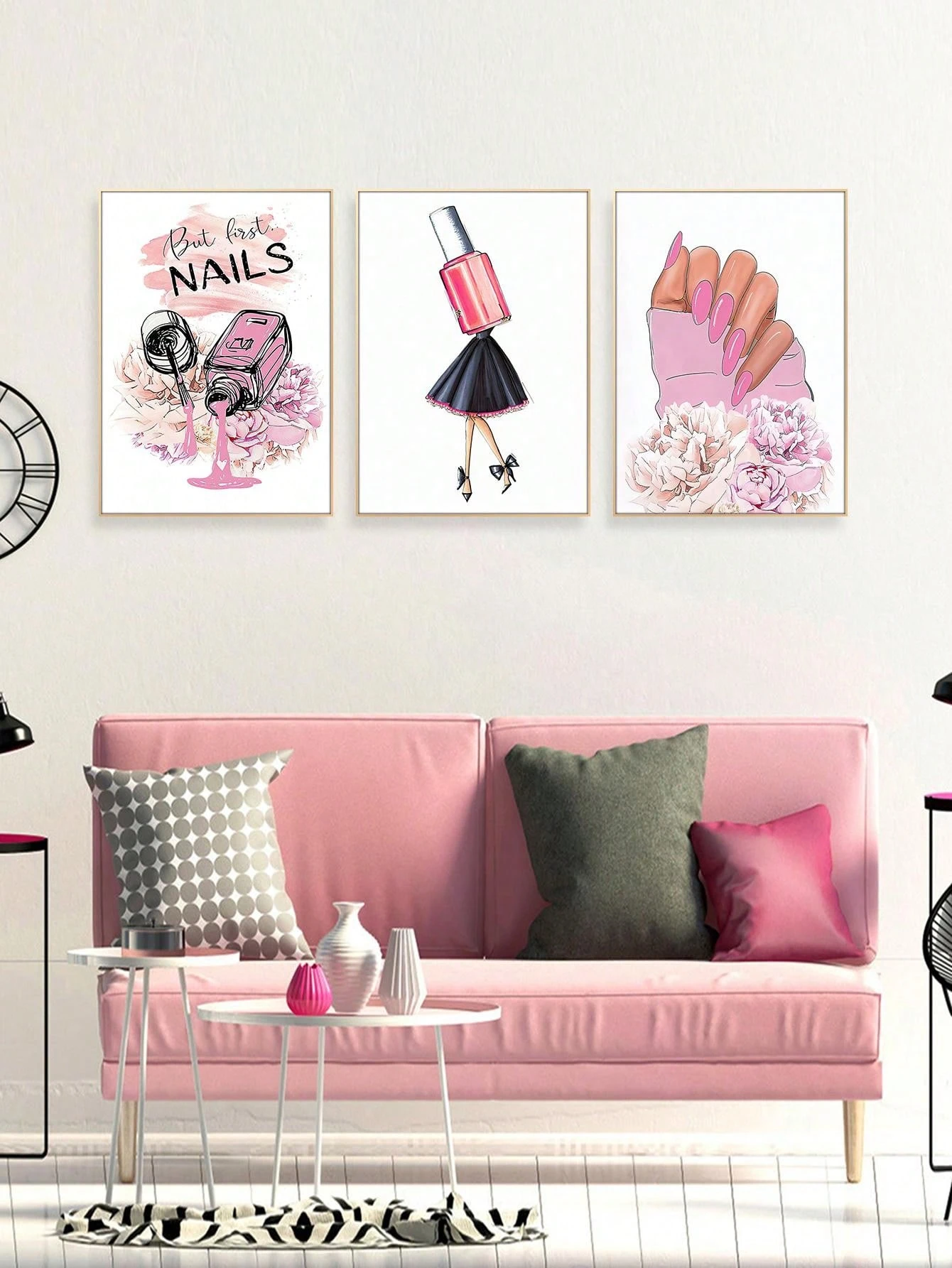 3 Pcs Nail Beauty Canvas Wall Art Poster And Prints Fashion Girl Pink