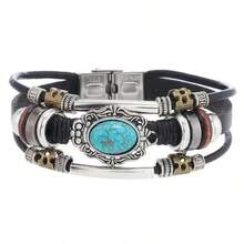 Vintage & Personalized Multi-Layer Men's Clasp Fashion Bracelet, Cross Border Beaded Leather Turquoise Bracelet - Multicolor - View 6