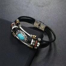 Vintage & Personalized Multi-Layer Men's Clasp Fashion Bracelet, Cross Border Beaded Leather Turquoise Bracelet - Multicolor - View 1