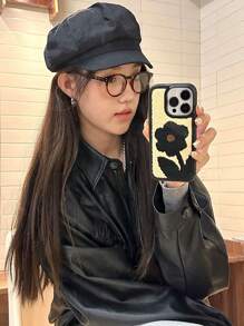 秋冬款黑棕色花卉加厚全包式防摔手機殼，適用於iPhone 15