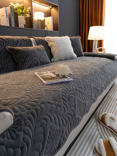 1pc Embroidered Plush Sofa Cushion Cover, Solid Color Leaf Pattern Sofa Slipcover, Non-Slip & Anti-Scratch, Suitable For All Seasons, Easy To Clean, Holiday & Home Decor, Fits 1/2/3/4 Seater Sofa