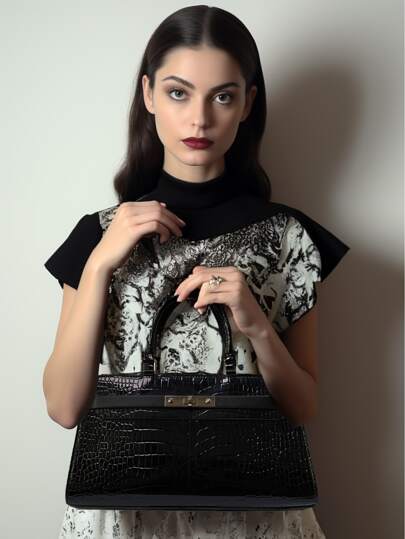 A Solid Color Bright Alligator Square Bag PU Leather Square Bag Large Capacity Fashion Daily Mature Classic Elegant Style Suitable For Sending Ramadan Gifts To Wife, Sister, Mother