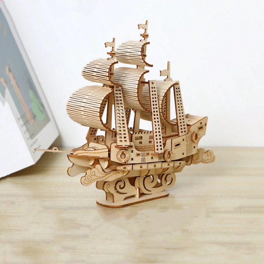 3d成人木質拼圖,復古木製船模套件,最佳禮物主意-帆船 - 彩色 - 查看 1