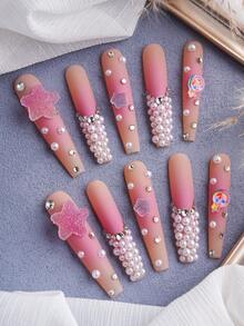 10入組新款手工獨家設計新年情人節額外長的3d美甲,可愛的粉色漸變珍珠壓克力美甲與3d鑽石,易於佩戴,升級你的外觀 - 粉色 - 查看 2