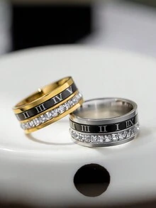 1枚時尚羅馬數字雙環設計鈦鋼戒指,鑲嵌立方氧化鋯,可旋轉,男女適用,日常佩戴 - 銀色 - 查看 5