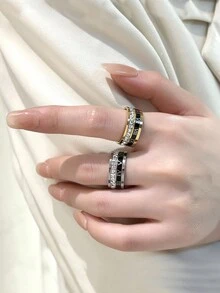 1枚時尚羅馬數字雙環設計鈦鋼戒指,鑲嵌立方氧化鋯,可旋轉,男女適用,日常佩戴 - 銀色 - 查看 1