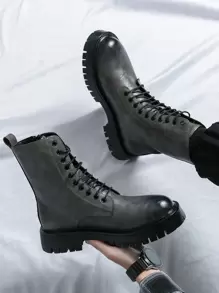 Men's High Top Lace-Up Fashion British Style Gray Motorcycle Boots - Grey - View 1