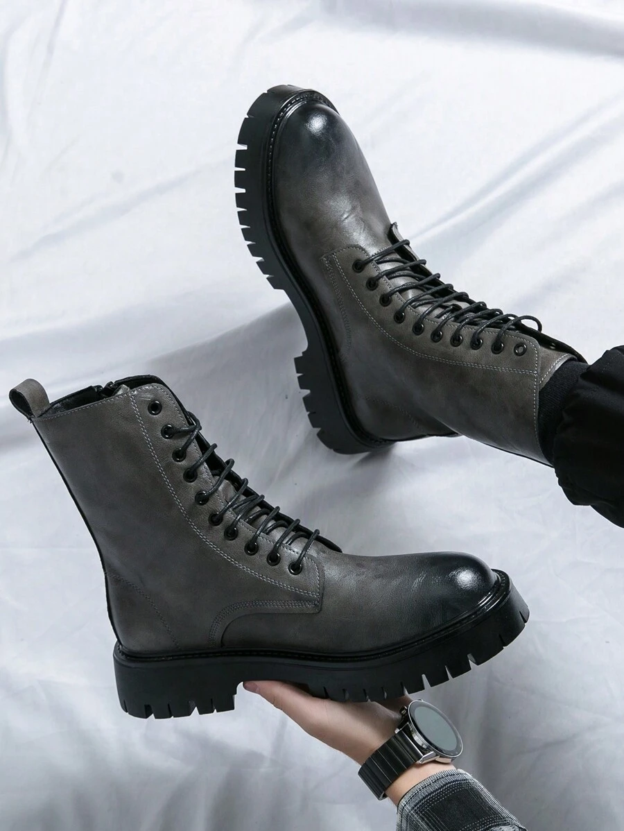 Men's High Top Lace-Up Fashion British Style Gray Motorcycle Boots - Grey - View 1