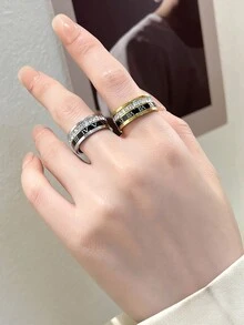 1枚時尚羅馬數字雙環設計鈦鋼戒指,鑲嵌立方氧化鋯,可旋轉,男女適用,日常佩戴 - 銀色 - 查看 4