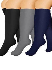 3 Pairs Plus Size Compression Socks Circulation 15-20 Mmhg For Women Men Wide Calf Pregnancy Maternity Knee High Best Rated Support For Pregnant Medical Running Nursing Athletic Fit Cycling Sports, For Gym