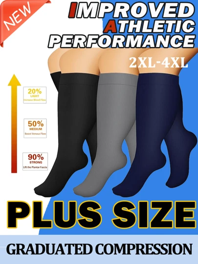 3 Pairs Plus Size Compression Socks Circulation 15-20 Mmhg For Women Men Wide Calf Pregnancy Maternity Knee High Best Rated Support For Pregnant Medical Running Nursing Athletic Fit Cycling Sports, For Gym, Fall