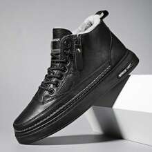 男士冬季工作服鞋，复古中帮英式黑色短靴，带侧拉链，保暖内衬，适合休闲装 - 黑色 - 查看 1