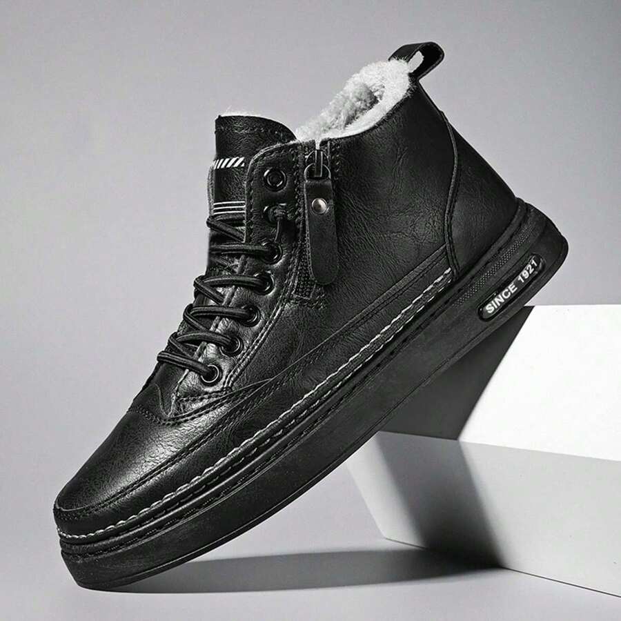 男士冬季工作服鞋，复古中帮英式黑色短靴，带侧拉链，保暖内衬，适合休闲装 - 黑色 - 查看 1