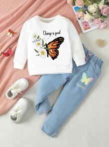 2pcs/Set Toddler Girls' Butterfly Printed Sweatshirt And Jeans Casual Outfits - White - View 1