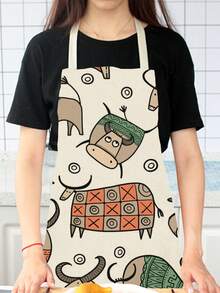 1pc Fashionable Cow Printed Linen Apron - Yellow - View 5