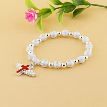 2pcs Silver-Tone Cross & Wing Design Acrylic Beaded Bracelet, Ideal For Birthdays, Mother'S Day, Father'S Day, Christmas, Valentine'S Day Gifts - SC005 - View 3