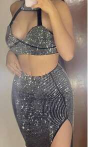 Sexy Top & Falda Brillosa - Negro - Ver 4
