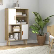 HOMCOM Bibliothèque scandinave 4 niches + 2 placards avec étagère dim. 80L x 24l x 123H cm Pieds effilés inclinés Bois Massif Chêne - Noir - Voir 1