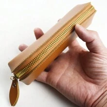 1 件真皮鉛筆袋牛皮復古簡約文具架手工筆袋收納袋拉鍊鉛筆袋辦公學習用品 - 咖啡棕 - 查看 5