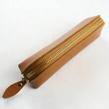 1 件真皮鉛筆袋牛皮復古簡約文具架手工筆袋收納袋拉鍊鉛筆袋辦公學習用品 - 咖啡棕 - 查看 4