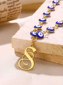 1pc Gold Stainless Steel Blue Evil Eye Initial A-Z Pendant Necklace Suitable For Women, Festival Gift
