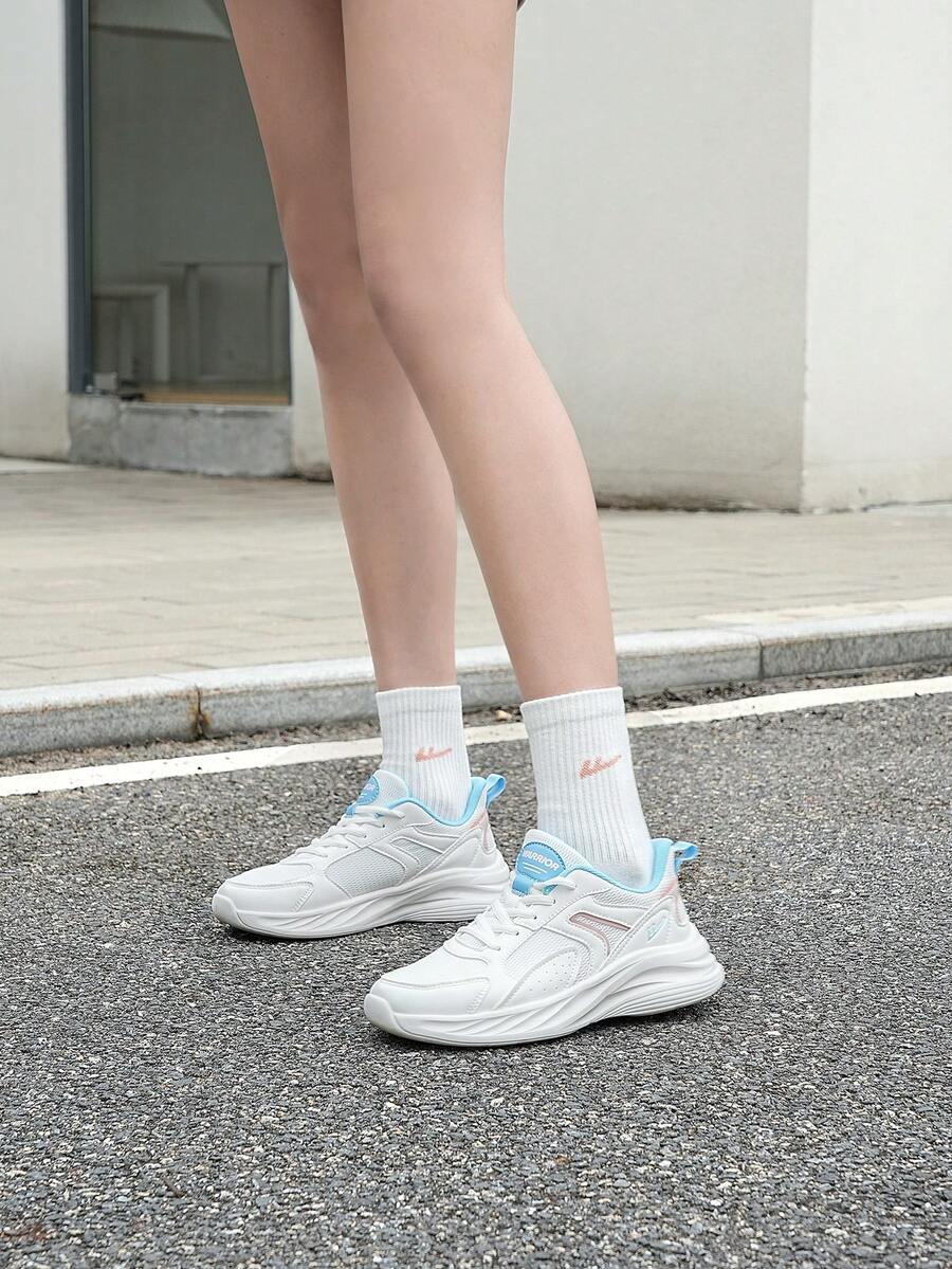 Warrior休閒運動鞋,系帶實色時尚輕量透氣女鞋全季通穿網眼跑步鞋 - 淺粉色 - 查看 1
