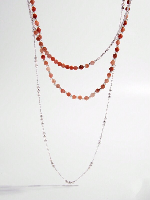 1set Luxurious 925 Sterling Silver Triple Layered Necklace With Natural Plum Stone & Shimmering Beads, Including A Choker & A Long Necklace. It Can Be Worn In Various Ways As A Dismountable And Adjustable Jewelry Piece For Women