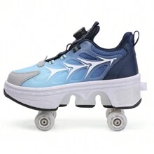 可变形鞋子，学生用可伸缩四轮溜冰鞋，双轮爆破步行鞋带按钮，可行走 - 藍色 - 查看 5