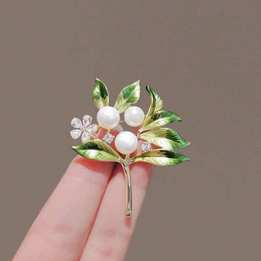 2023新款鬱金香花胸針,鮮美優雅,配飾人造珍珠,適合外套,成為多功能時尚套裝別針 - 綠色 - 查看 1