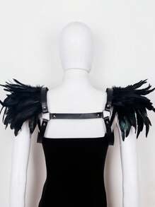 1 件羽毛披肩、时尚羽毛领带、朋克假领羽毛肩章、哥特式个性化装饰配件、角色扮演派对舞台表演道具万圣节服装女士 - 黑色 - 查看 6