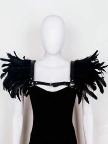 1 件羽毛披肩、时尚羽毛领带、朋克假领羽毛肩章、哥特式个性化装饰配件、角色扮演派对舞台表演道具万圣节服装女士 - 黑色 - 查看 4