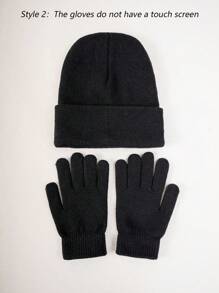 1入組純色無邊針織帽子和隨機款式手套套裝,適用於日常使用,保暖效果優異 - 黑色 - 查看 3