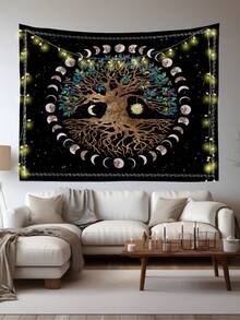 1入組植物、樹木、月亮和太陽圖案的紡織織品掛毯,包含3個浮雕釘和2個夾子,可在客廳、臥室、廚房掛放,有襯插芯,具有飄逸效果的矩形印花牆壁裝飾布 - 彩色 - 查看 3