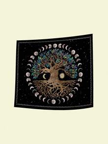 1入組植物、樹木、月亮和太陽圖案的紡織織品掛毯,包含3個浮雕釘和2個夾子,可在客廳、臥室、廚房掛放,有襯插芯,具有飄逸效果的矩形印花牆壁裝飾布 - 彩色 - 查看 2