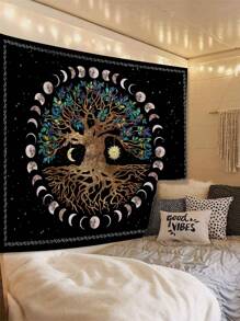 1入組植物、樹木、月亮和太陽圖案的紡織織品掛毯,包含3個浮雕釘和2個夾子,可在客廳、臥室、廚房掛放,有襯插芯,具有飄逸效果的矩形印花牆壁裝飾布 - 彩色 - 查看 1