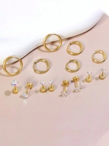 7對時尚金色不鏽鋼耳針套裝,適合男女日常佩戴,敏感耳針,平背耳針,經典金色耳環,無過敏手術不鏽鋼立體方形鋯石耳針,耳針,軟骨螺旋耳針 - 金色 - 查看 7