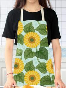1pc Sunflower Pattern Linen Apron - Red - View 5
