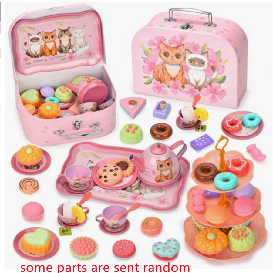1套少年玩具仿真食品,甜點蛋糕,咖啡休息時間,下午茶玩具禮盒套裝,含貓頭銜茶具套裝,甜點和手提箱,茶具,錫製茶會玩具禮盒,學習造型和顏色的玩具禮物 - 粉色 - 查看 1