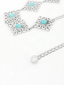 1pc Women's Vintage Turquoise Beaded Metal Skirt Belly Chain, Simple & Versatile Body Chain For Pants, Silver - Silver - View 3