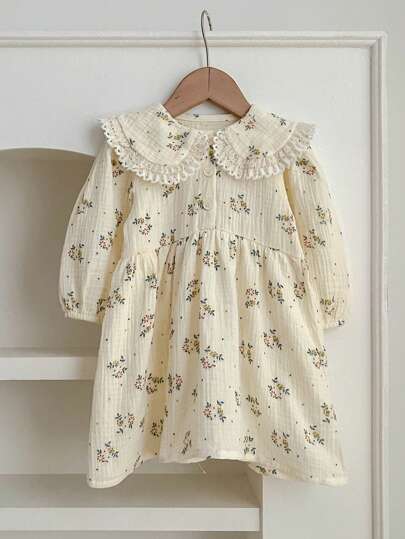 Vestido de princesa de manga larga con cuello con volantes y diseño floral lindo para niña, primavera y otoño