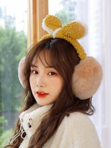 1 女款可折疊保暖冬季毛絨蝴蝶結護耳器,暖耳器,暖耳器,防寒耳袋,戶外耳罩,適合冬天戶外佩戴 - 黃色 - 查看 1