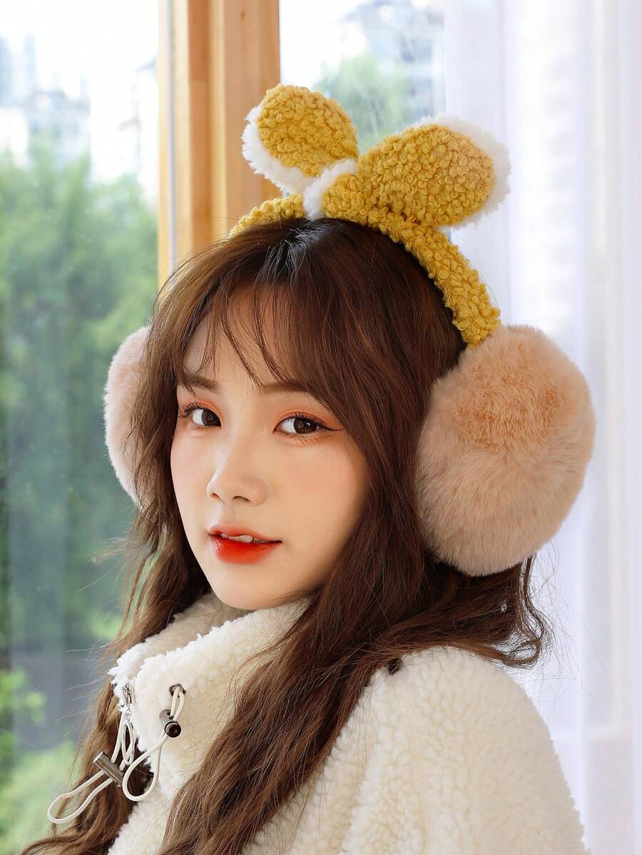 1 女款可折疊保暖冬季毛絨蝴蝶結護耳器,暖耳器,暖耳器,防寒耳袋,戶外耳罩,適合冬天戶外佩戴 - 黃色 - 查看 1