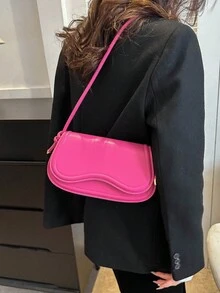 復古女士純色坐墊包,優雅肩袋pu材質,適用於女性日常使用 - 玫紅色 - 查看 8