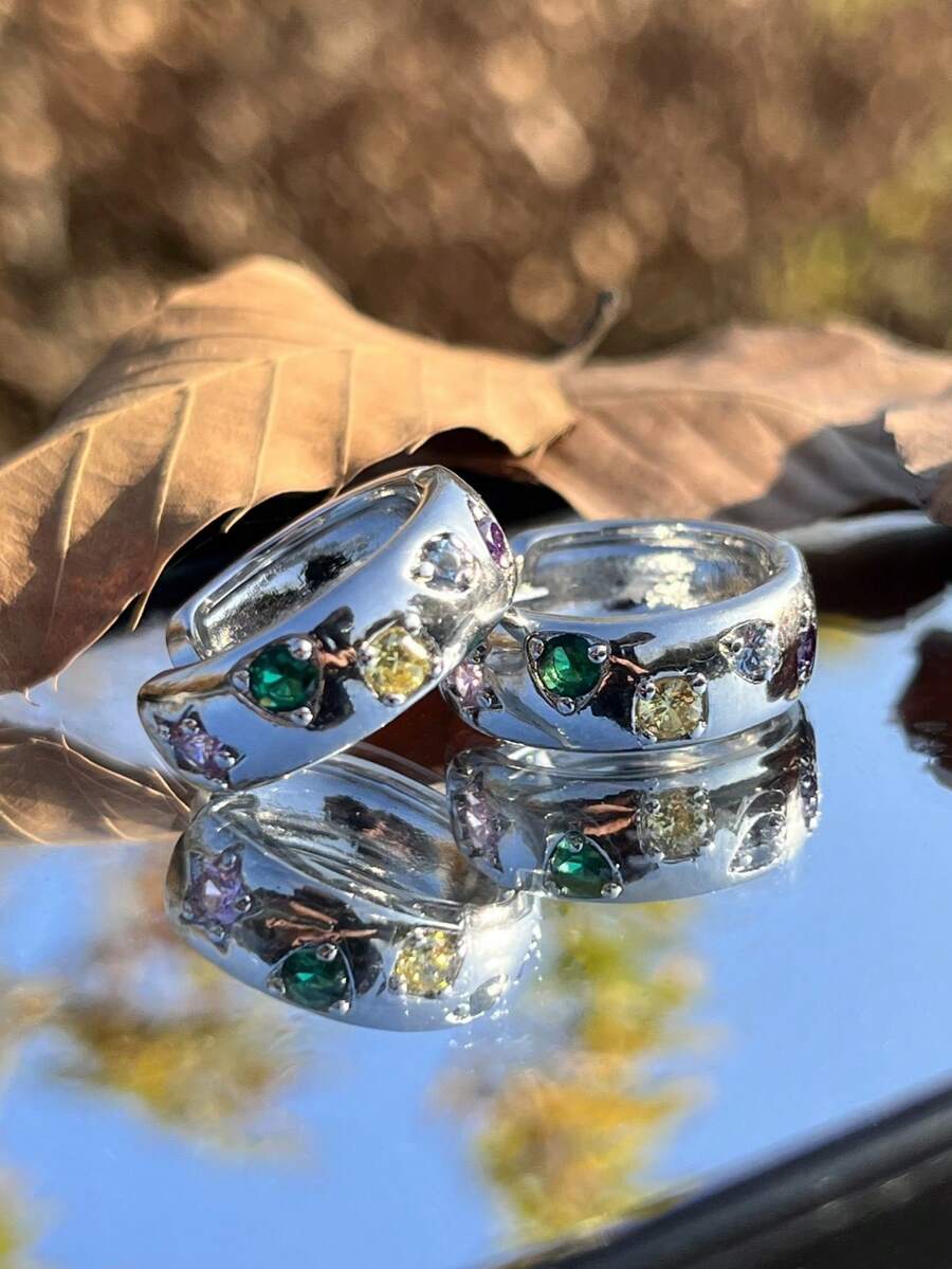 彩色氧化鋯鑲嵌寬面個性環形耳環時尚精緻彩色擁抱環形耳環女士女孩首飾禮物 - Zirconia decor hoop earring - 查看 1