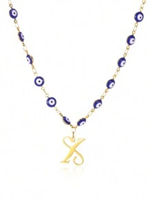 1pc Gold Stainless Steel Blue Evil Eye Initial A-Z Pendant Necklace Suitable For Women, Festival Gift