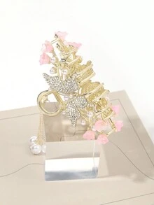 1入粉色百合花鈕扣合金髮夾，配有髮夾，具有蝴蝶設計與鑲嵌水晶，復古優雅的髮飾，飾有假珍珠和流蘇 - 金色 - 查看 3