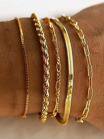 5pcs 18K Gold Plated Layered Stainless Steel Women's Delicate Bracelet, Party Style Gift, Ins , Suitable For Halloween, Christmas, Women's Jewelry, Stacked Gold Color Bracelet