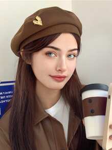 1 件女士复古休闲兔毛贝雷帽，经典英伦风格，金属标签，百搭海军帽，秋冬季，报童帽凸显脸部情人节 - 咖啡棕 - 查看 2